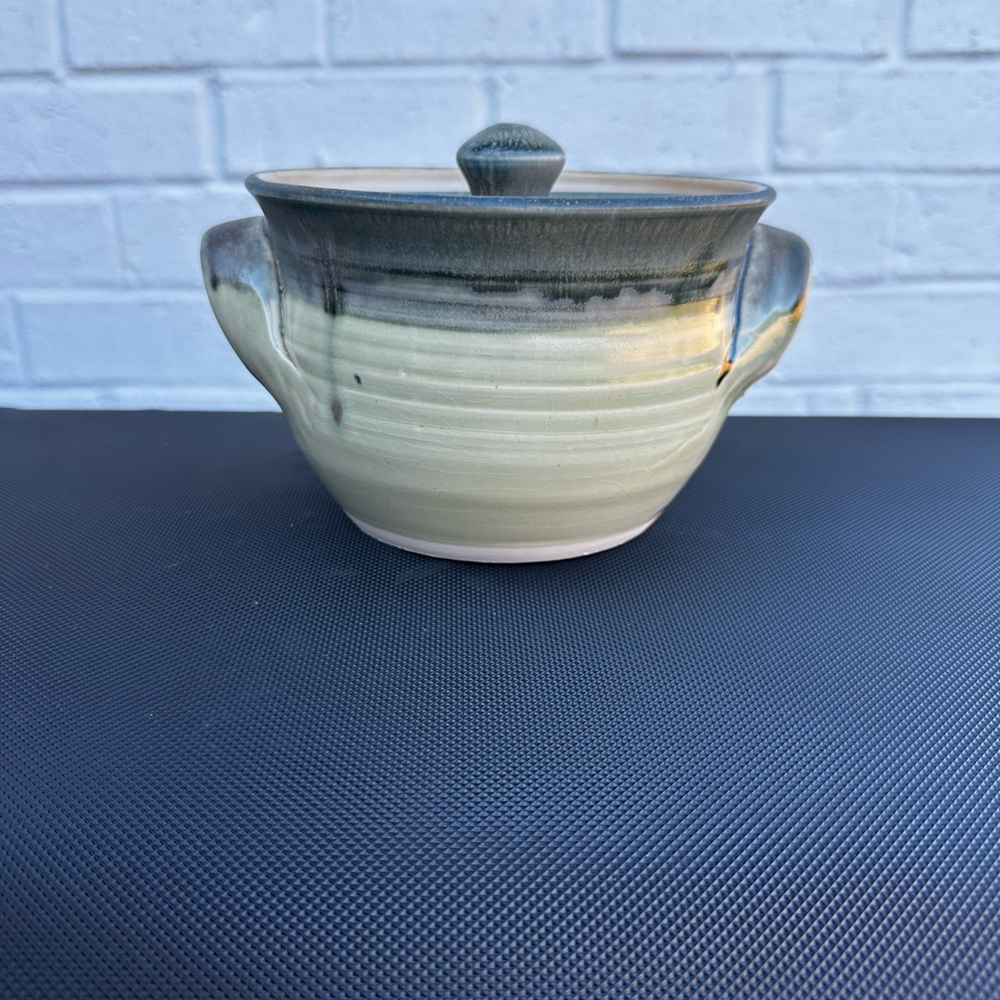 Signed Handcrafted Ceramic Art Pottery Casserole Dish with Lid and Loop Handles